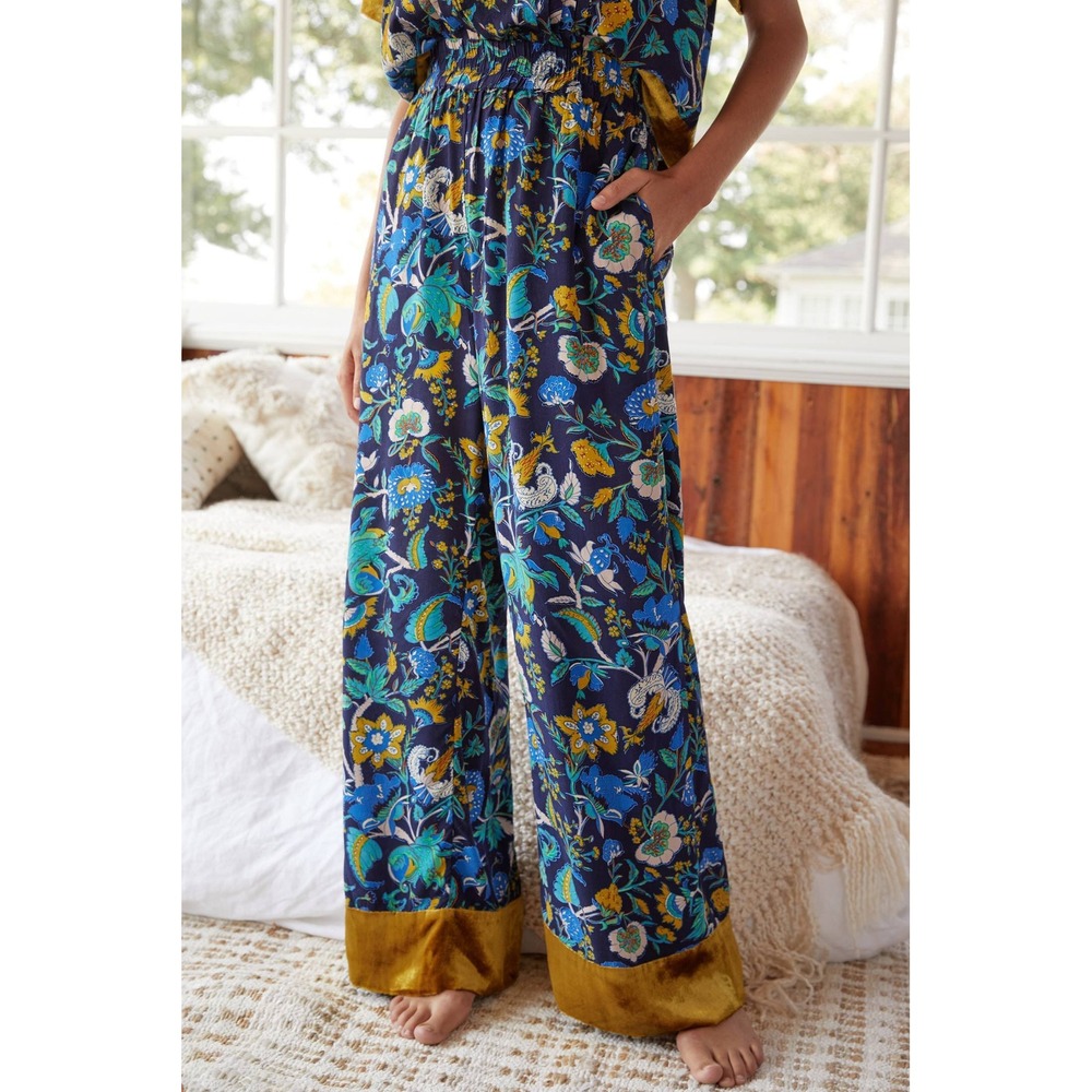 Anthropologie Clara Velvet Trim Pants Blue Floral Womens Medium